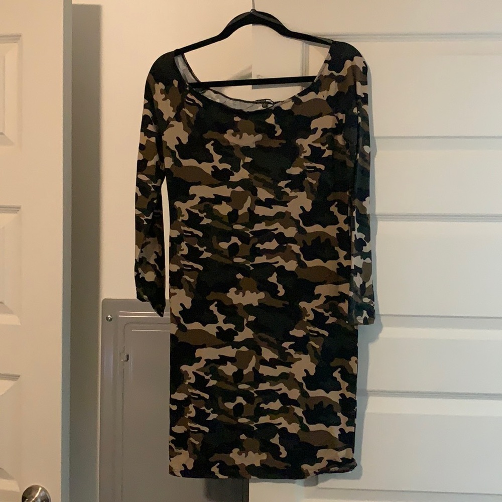 Long sleeve off the shoulder camo dress